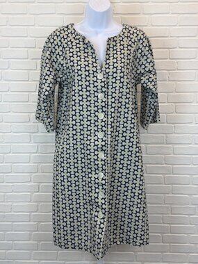 Lesley Evers Geometric Print Shift Dress Navy Button Front Medium